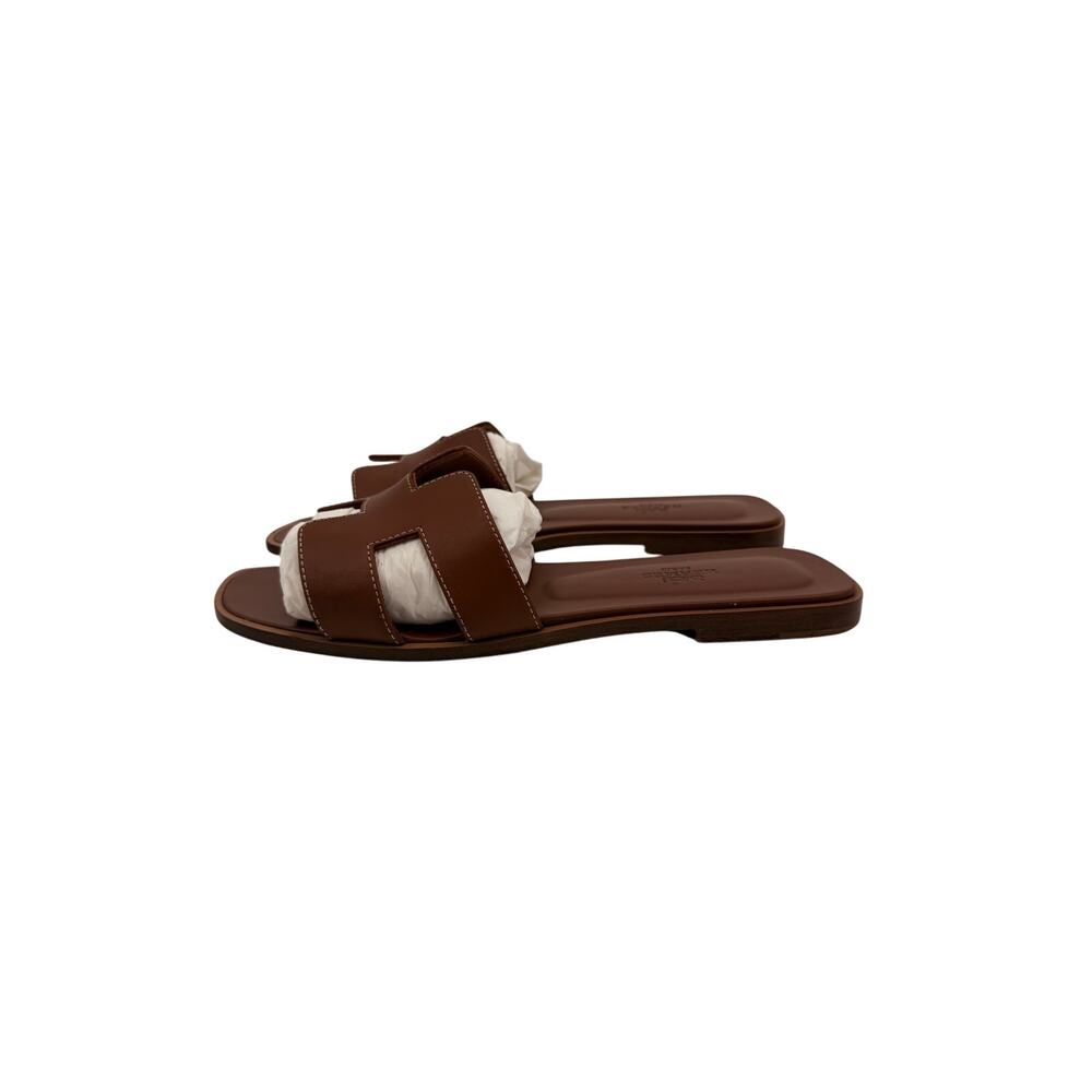 Hermes Oran Leather Open Toe Slip-On Flats Slide Sandals Brown Women's Size 38 - Picture 4 of 8